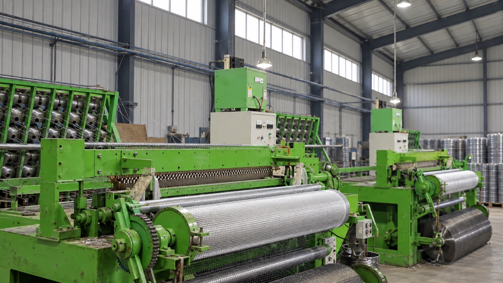 Illustrative view of green metal mesh weaving equipment