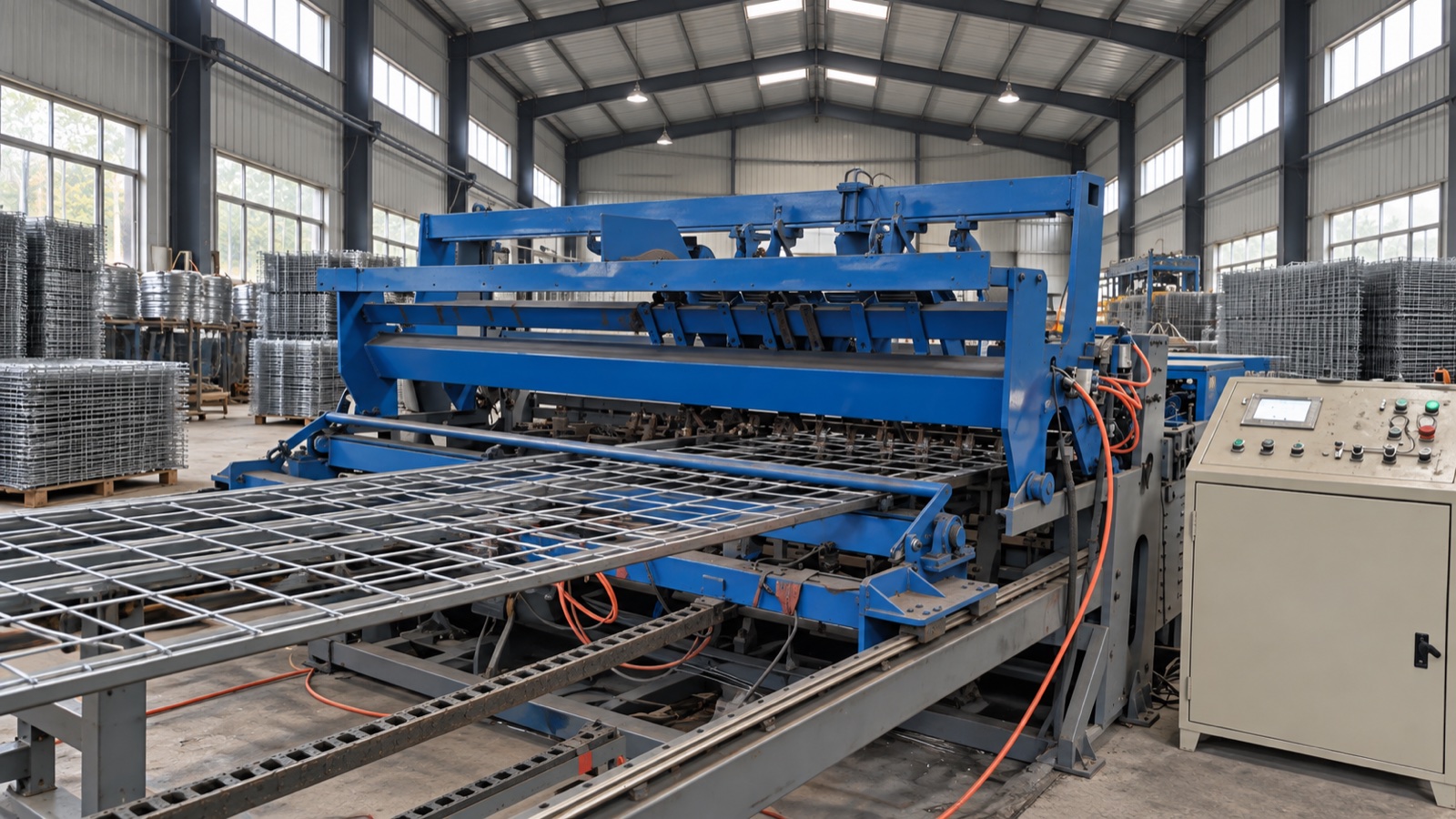 Illustrative view of blue welded mesh panel equipment in the same gabled workshop